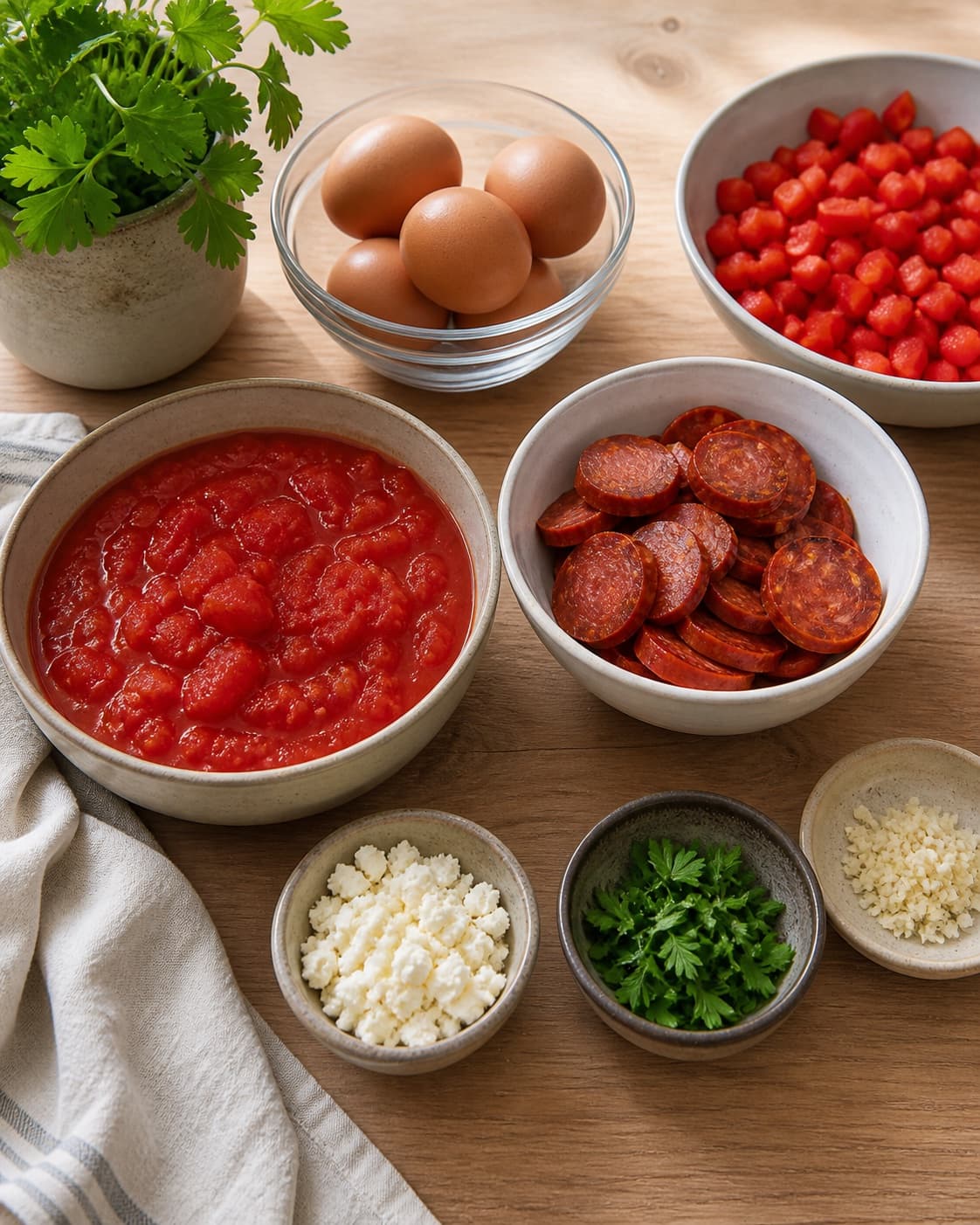 Mise en place for shakshuka med chorizo with æg, hakkede tomater, rød peberfrugt, chorizo under tilberedningen af shakshuka med chorizo