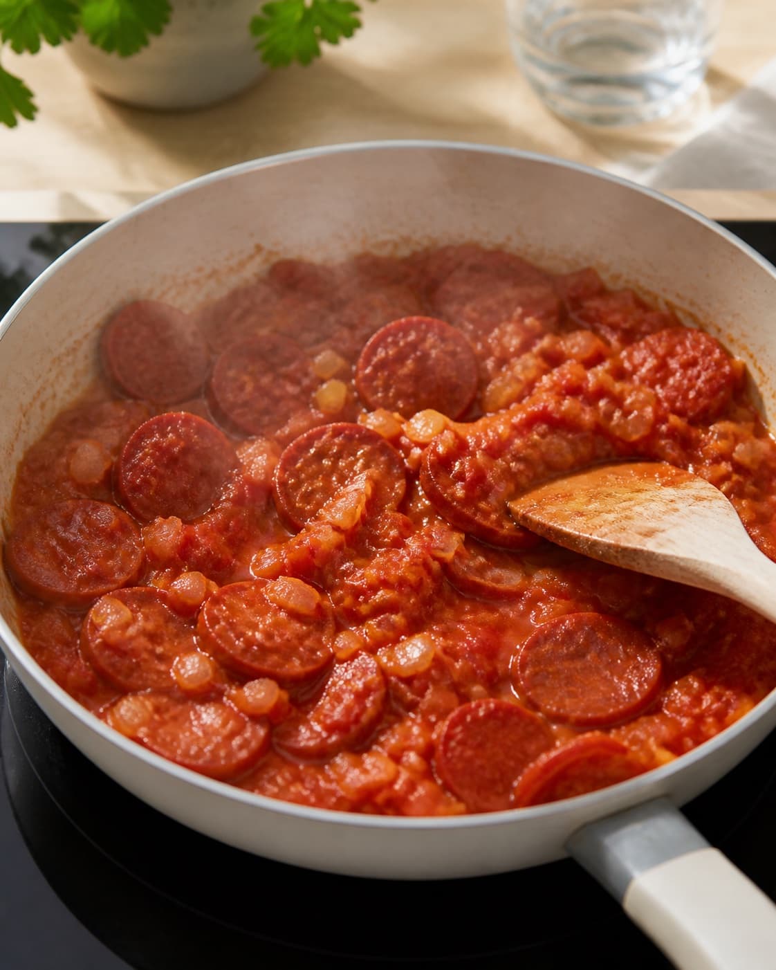 Aromatic base for shakshuka med chorizo gently cooking in a pot under tilberedningen af shakshuka med chorizo