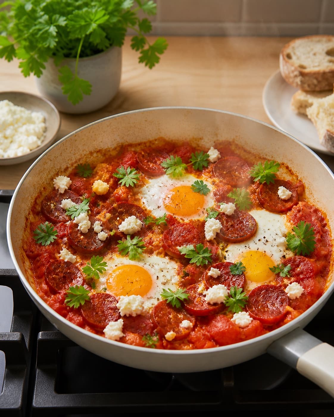 shakshuka med chorizo gently simmering with visible ingredients under tilberedningen af shakshuka med chorizo