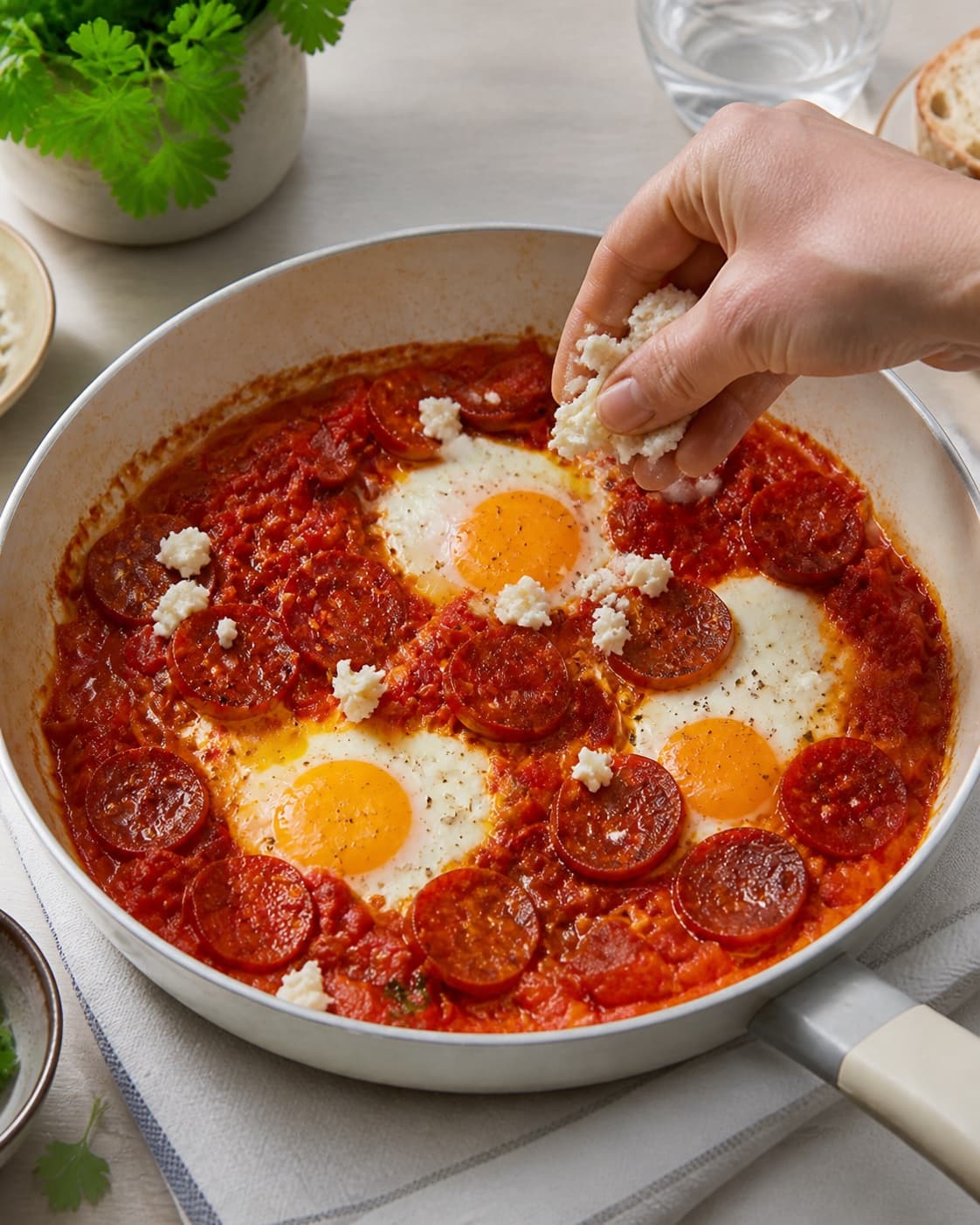 The texture of shakshuka med chorizo being adjusted in the pot under tilberedningen af shakshuka med chorizo
