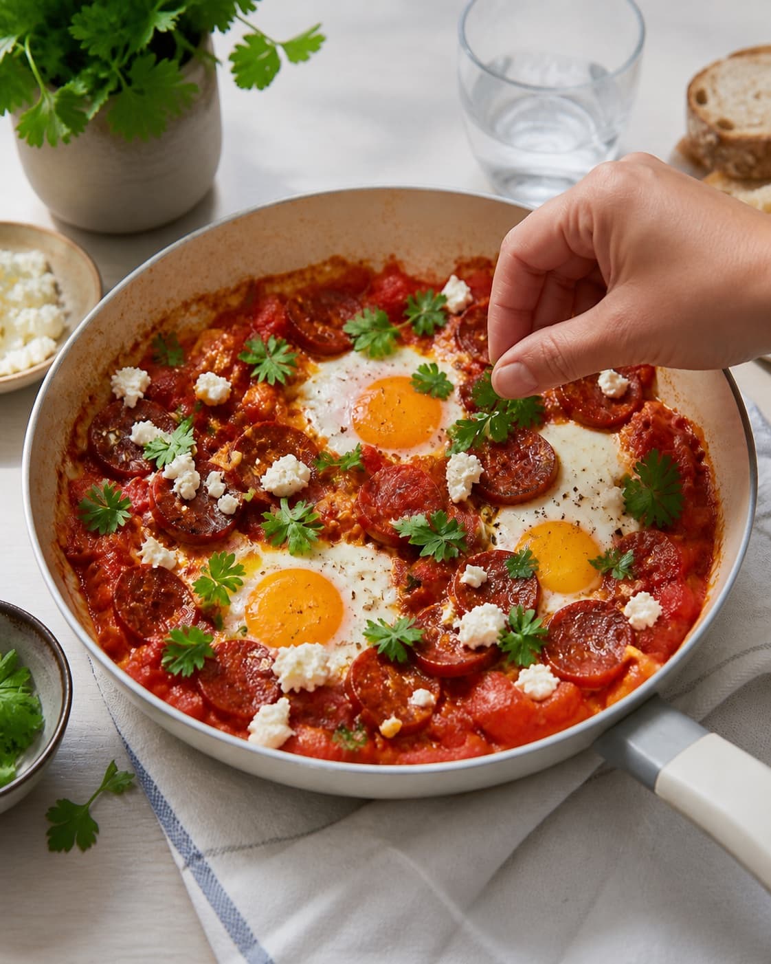 Finished shakshuka med chorizo being served with a fresh restrained garnish under tilberedningen af shakshuka med chorizo