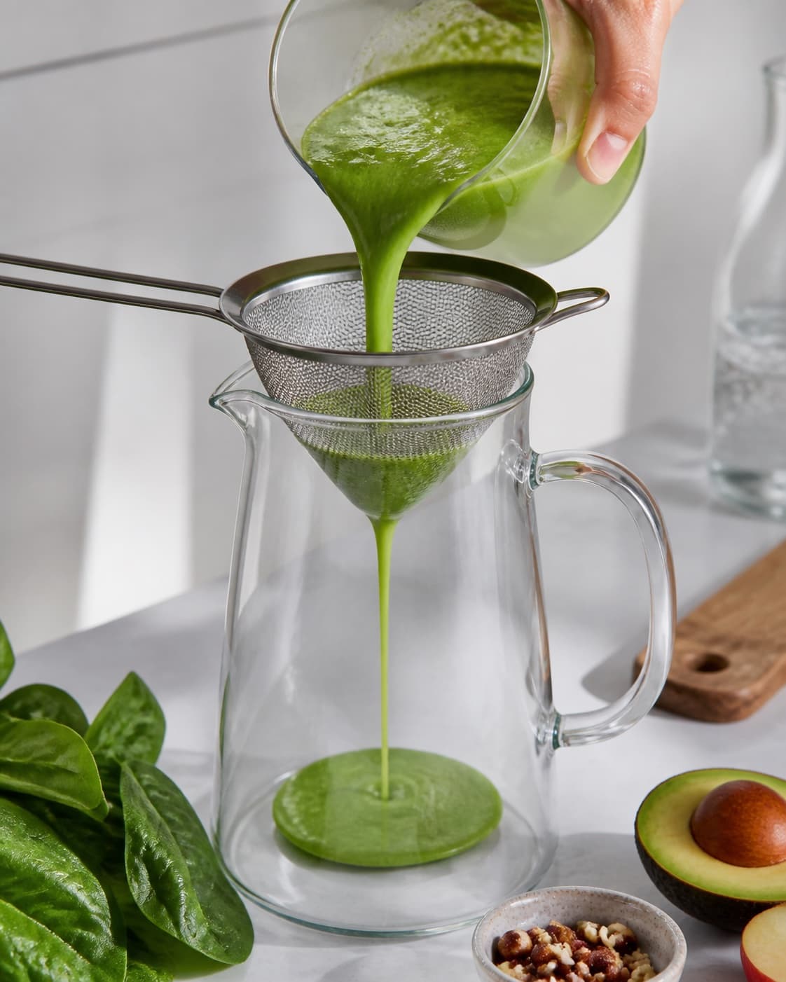 greenie med spinat og avokado being strained into a clean pitcher under tilberedningen af greenie med spinat og avokado