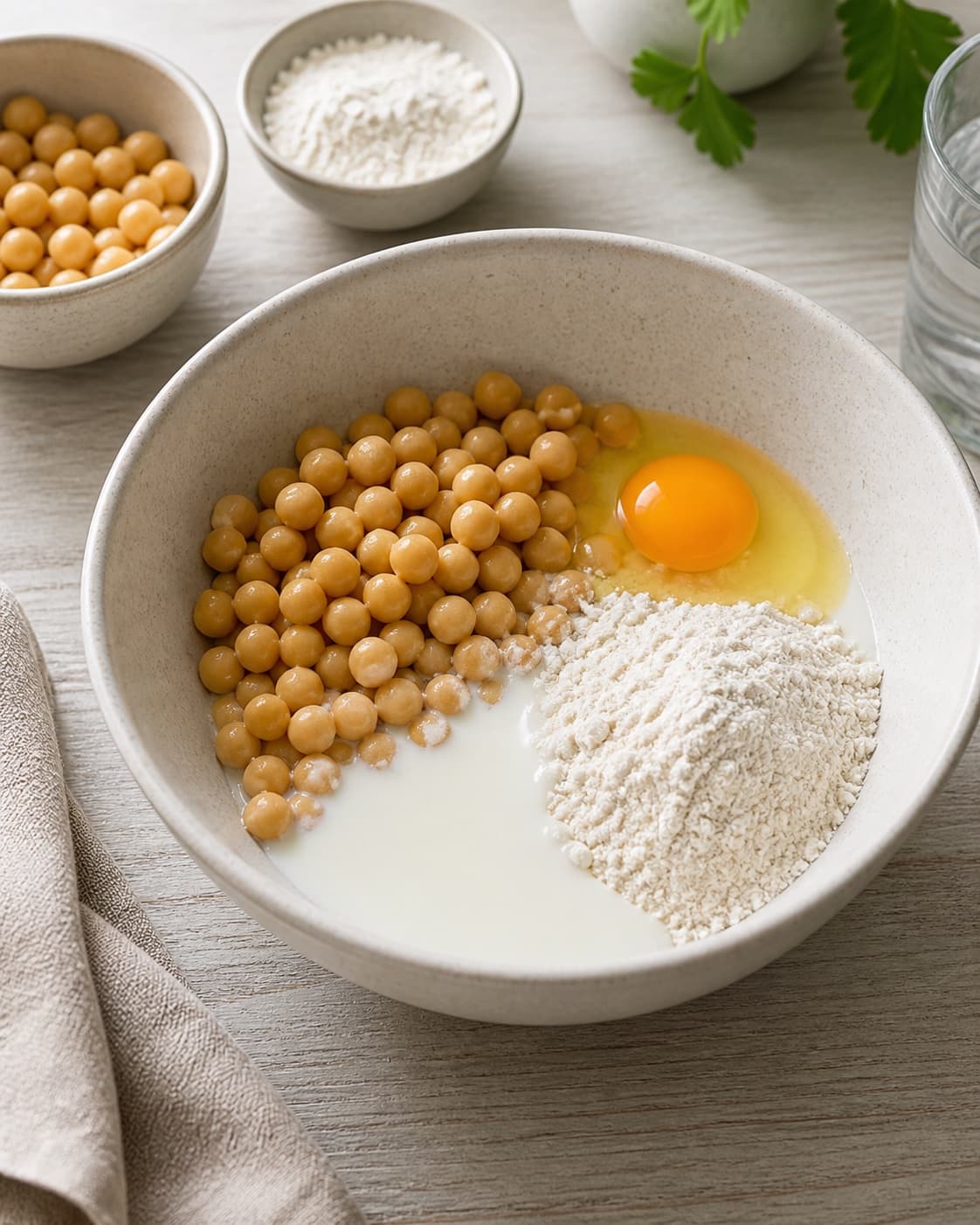 Prepared mixture for kikærtefrikadeller med hummus with kogte kikærter, æg, hvedemel, mælk under tilberedningen af kikærtefrikadeller med hummus