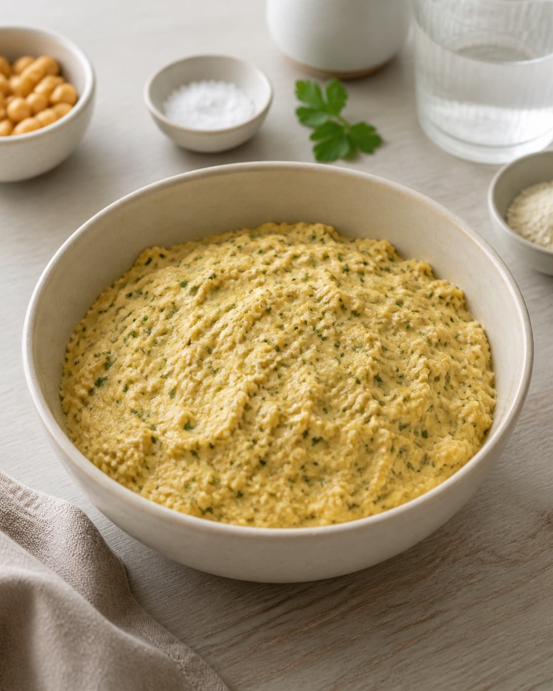 Rested cohesive mixture for kikærtefrikadeller med hummus ready for the pan under tilberedningen af kikærtefrikadeller med hummus