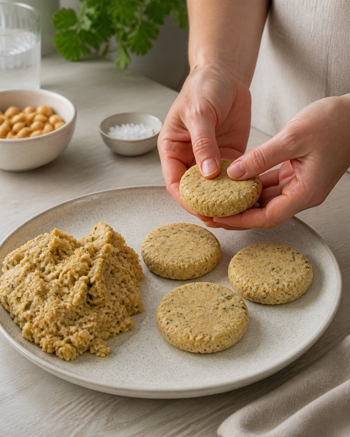 Equal portions of kikærtefrikadeller med hummus being formed under tilberedningen af kikærtefrikadeller med hummus