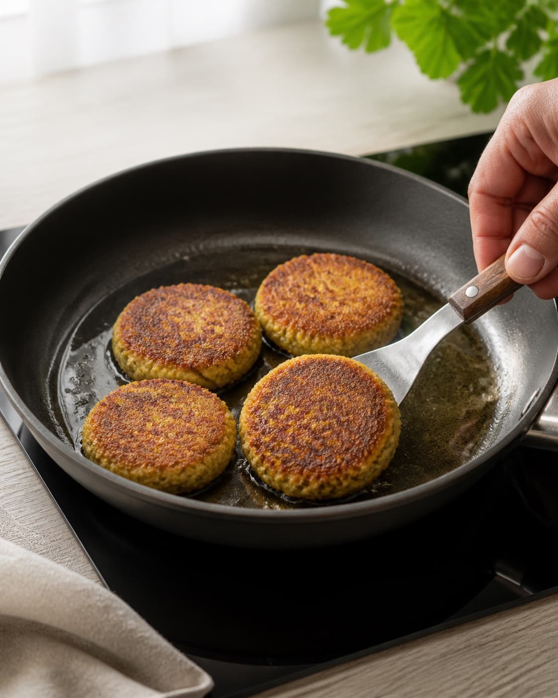 kikærtefrikadeller med hummus frying to an even golden crust in a pan under tilberedningen af kikærtefrikadeller med hummus