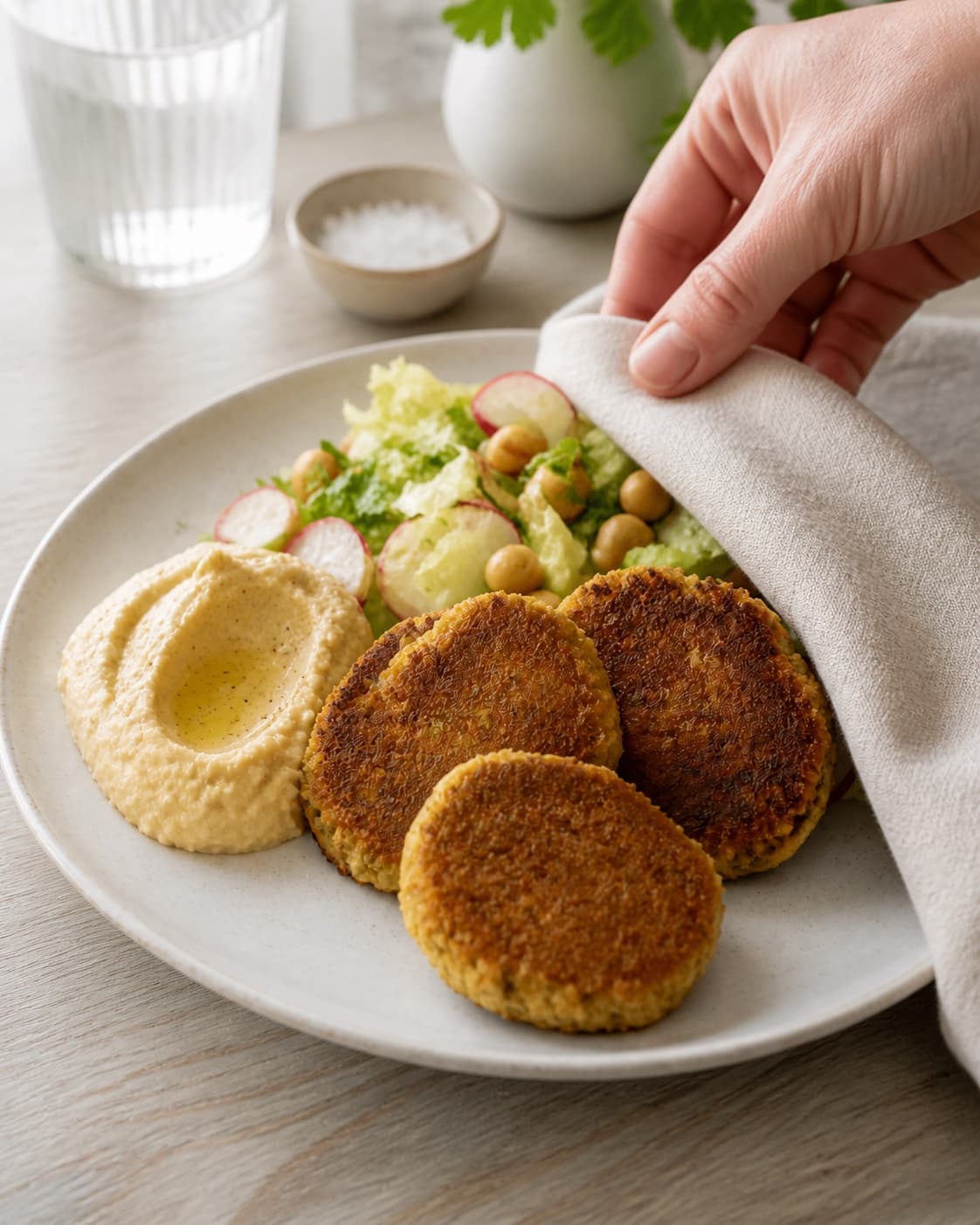 Golden kikærtefrikadeller med hummus resting briefly before serving under tilberedningen af kikærtefrikadeller med hummus