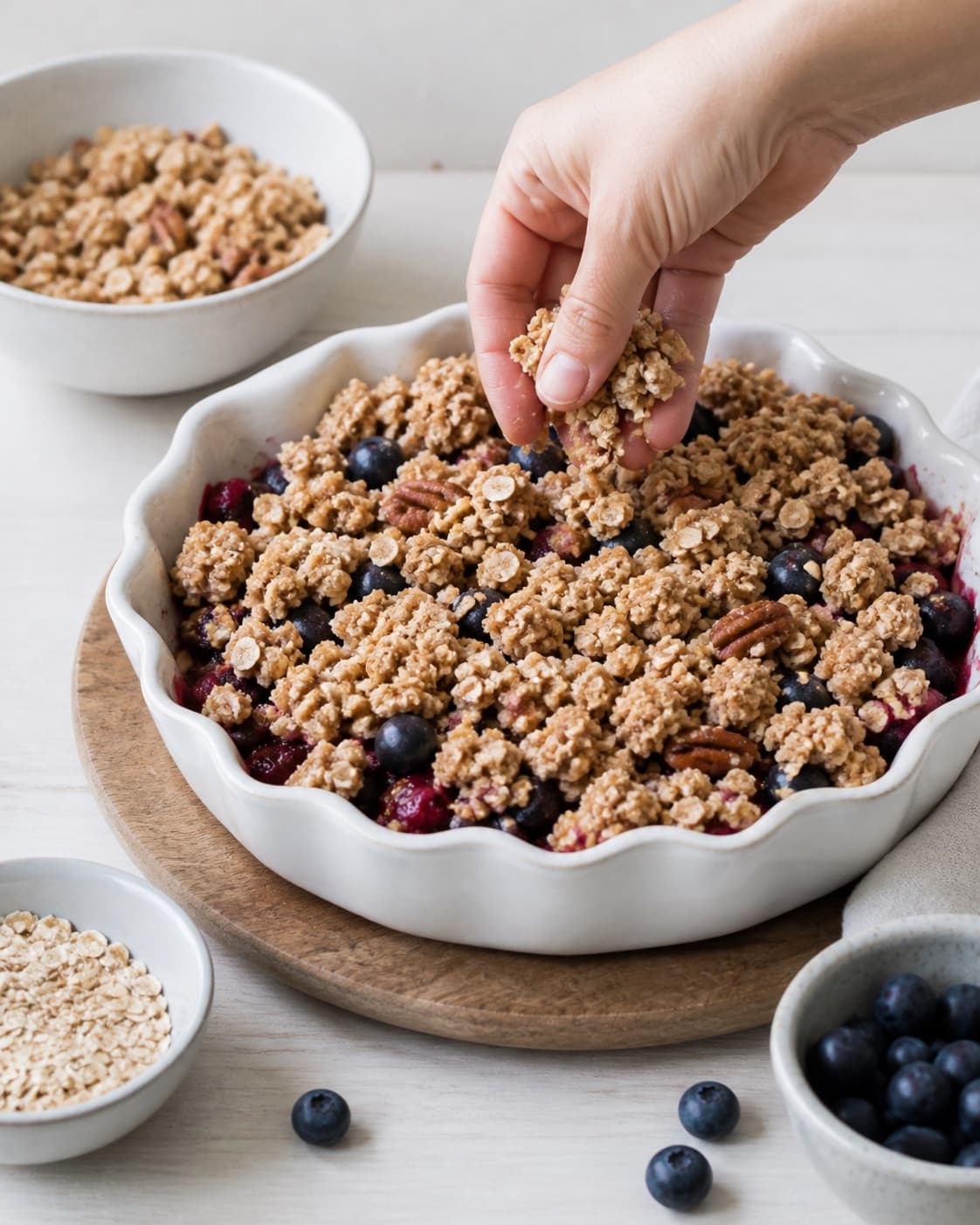 crumble med bær og havregryn til morgenmad being portioned evenly before baking under tilberedningen af crumble med bær og havregryn til morgenmad