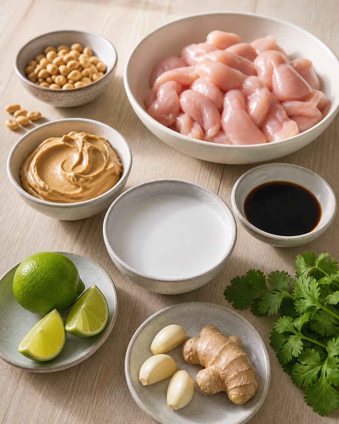Mise en place for kylling satay sauce with peanutbutter, kokosmælk, sojasauce, kyllingekød under tilberedningen af kylling satay sauce