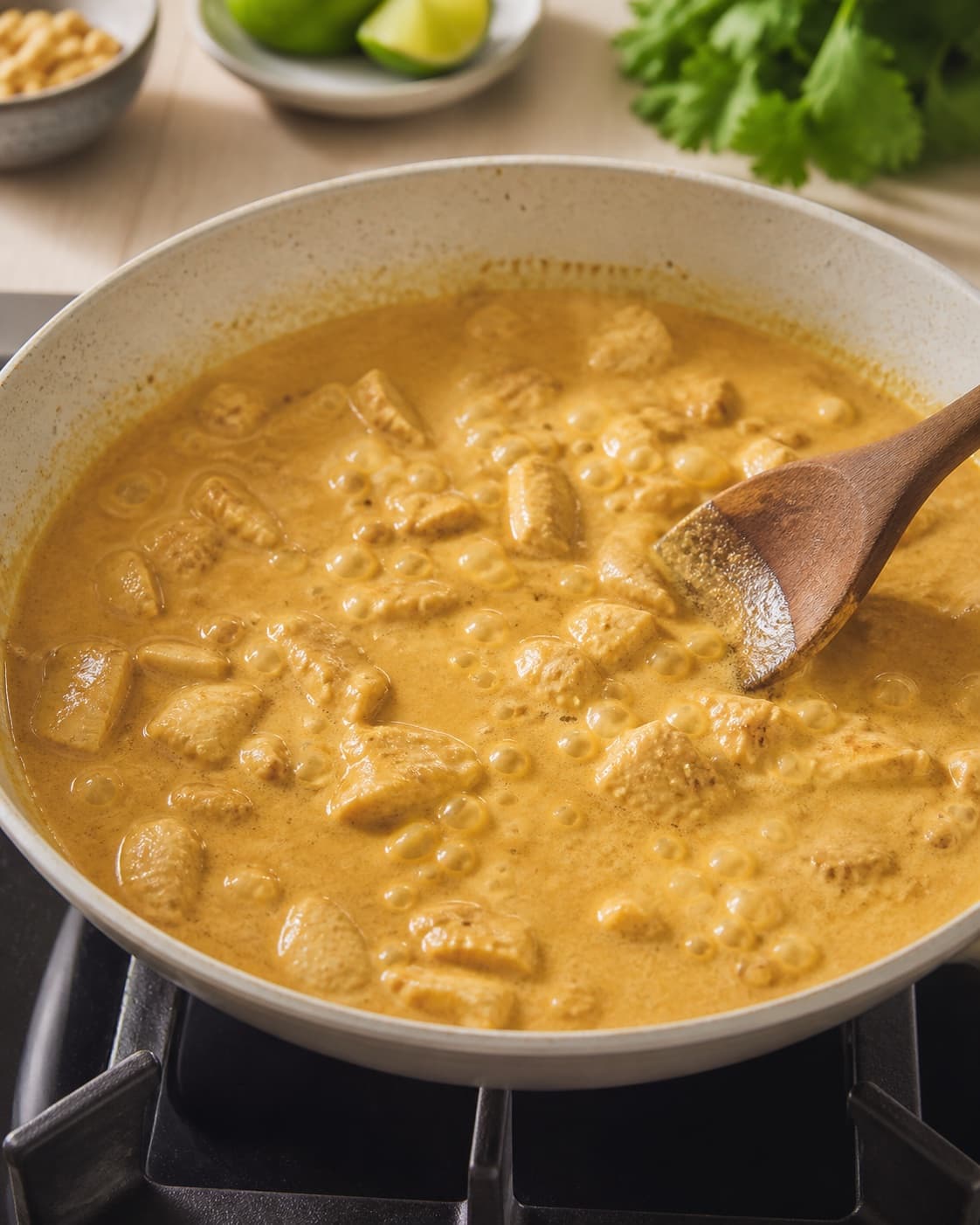 kylling satay sauce gently simmering with visible ingredients under tilberedningen af kylling satay sauce