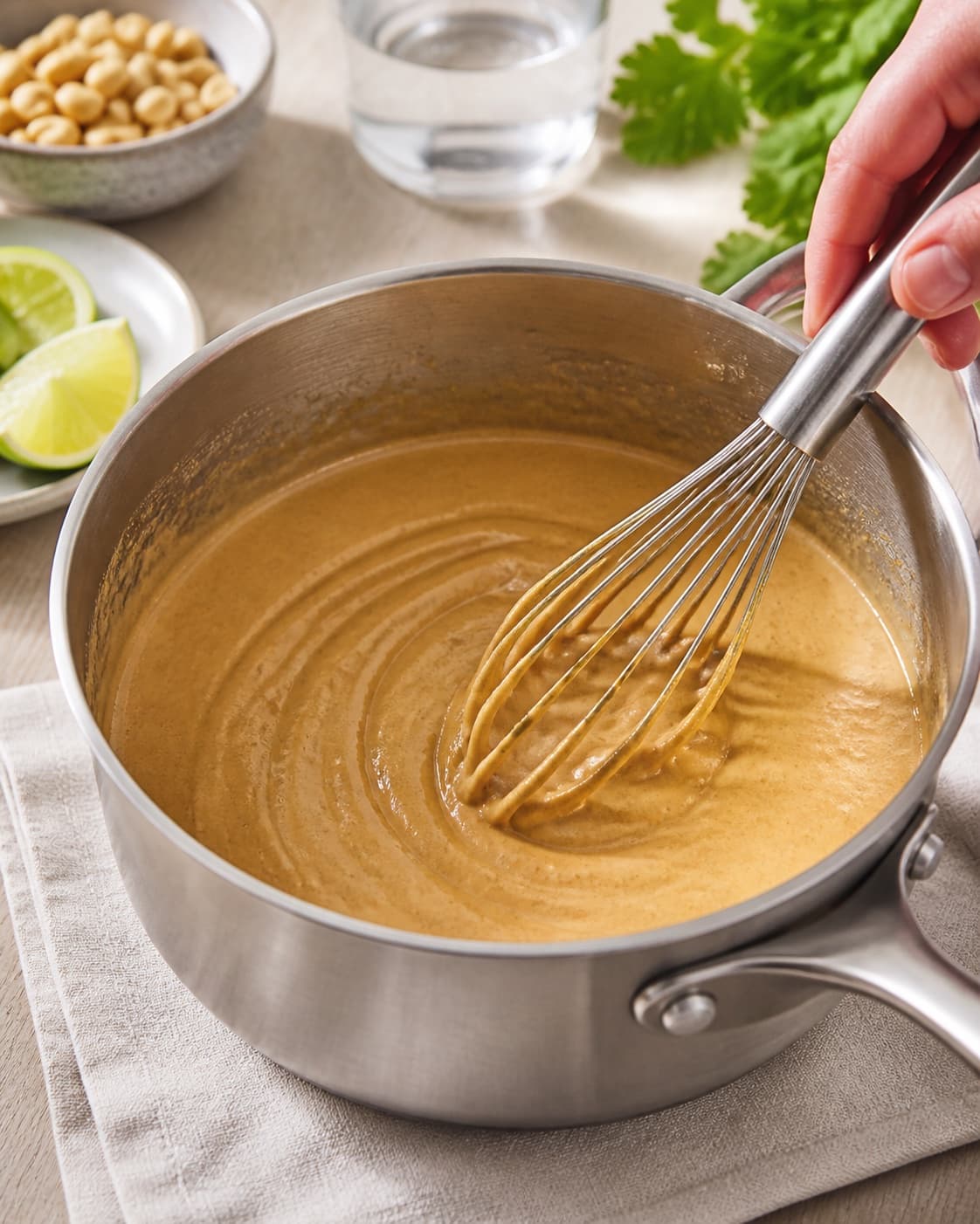 The texture of kylling satay sauce being adjusted in the pot under tilberedningen af kylling satay sauce
