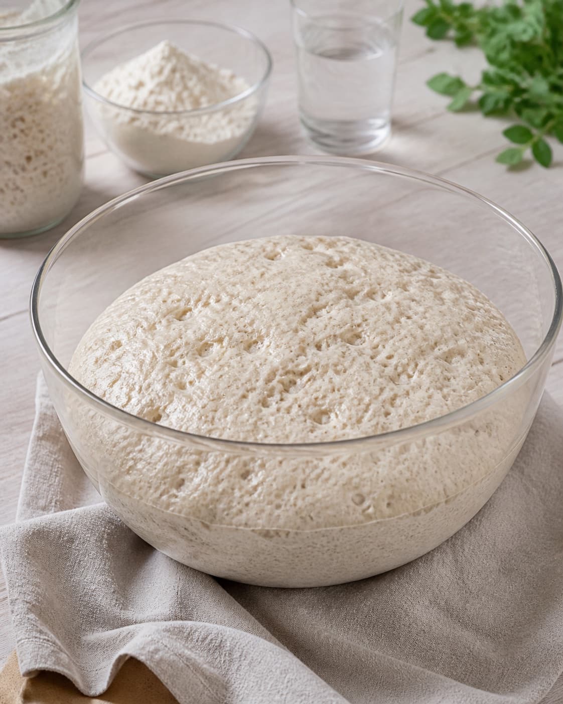 Proofed airy dough for grydebrød med surdej with visible fermentation bubbles under tilberedningen af grydebrød med surdej