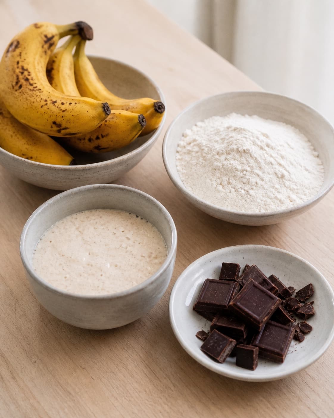 Measured ingredients for bananbrød med surdej og chokolade arranged separately with aktiv surdej, modne bananer, mørk chokolade, hvedemel under tilberedningen af bananbrød med surdej og chokolade