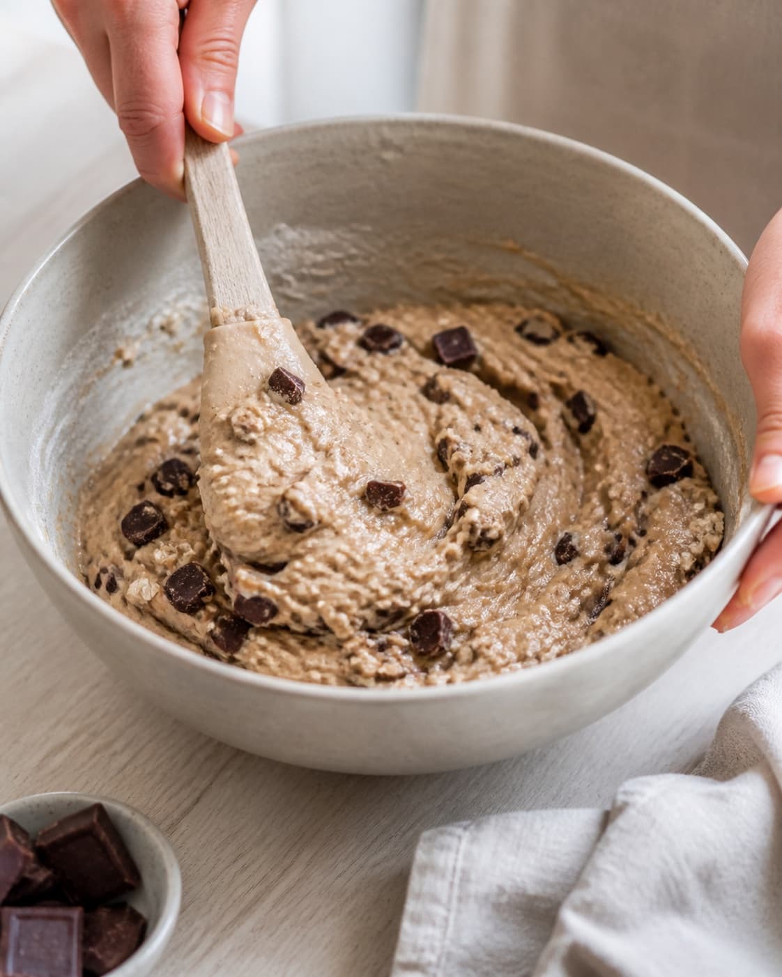 The batter or dough for bananbrød med surdej og chokolade being gently combined under tilberedningen af bananbrød med surdej og chokolade