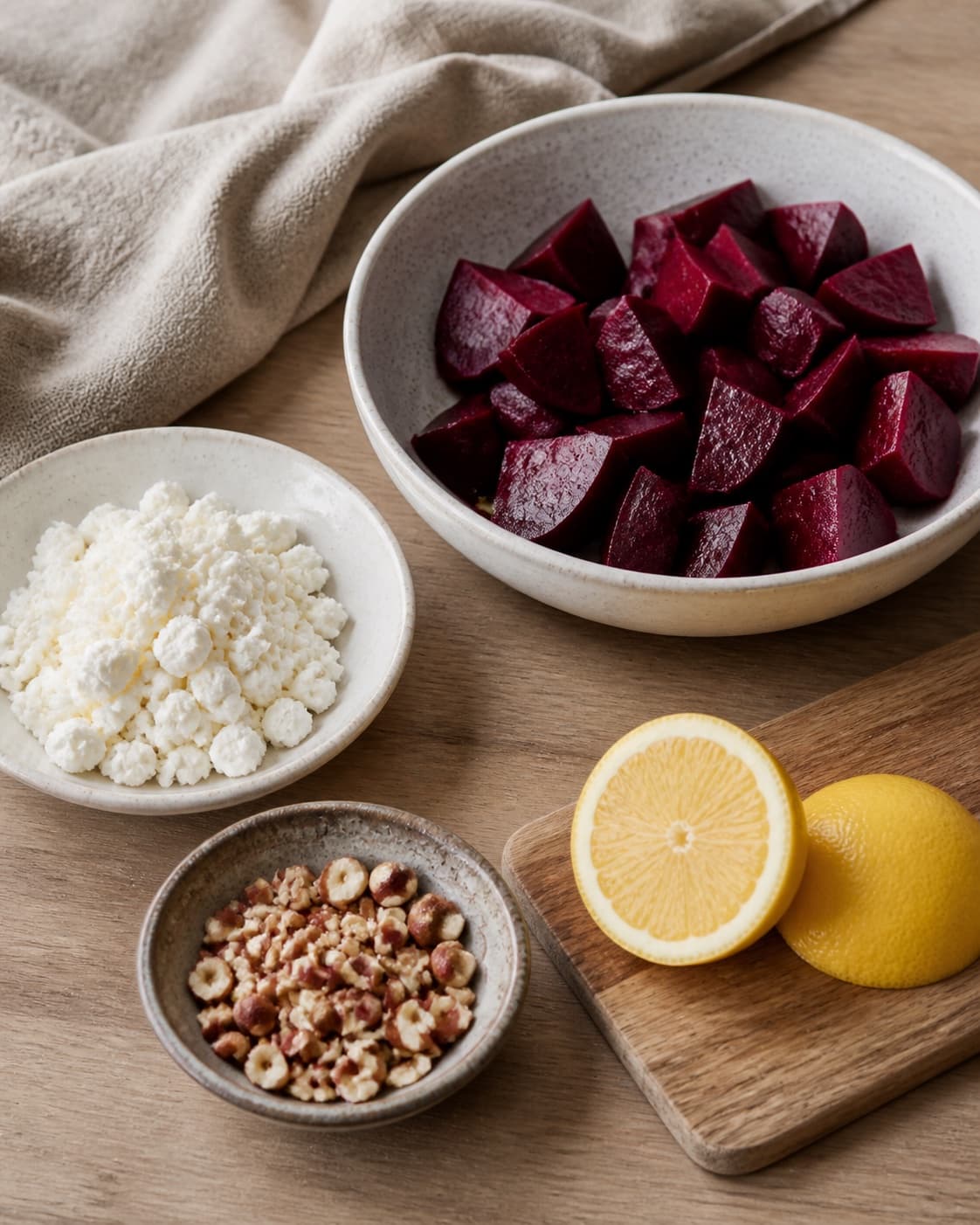 Clean prepared ingredients for salat med rødbede, feta og hasselnødder with rødbeder, feta, hasselnødder, økologisk citron under tilberedningen af salat med rødbede, feta og hasselnødder
