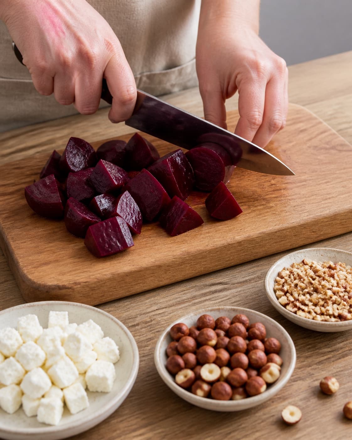 Ingredients for salat med rødbede, feta og hasselnødder being cut into even pieces under tilberedningen af salat med rødbede, feta og hasselnødder