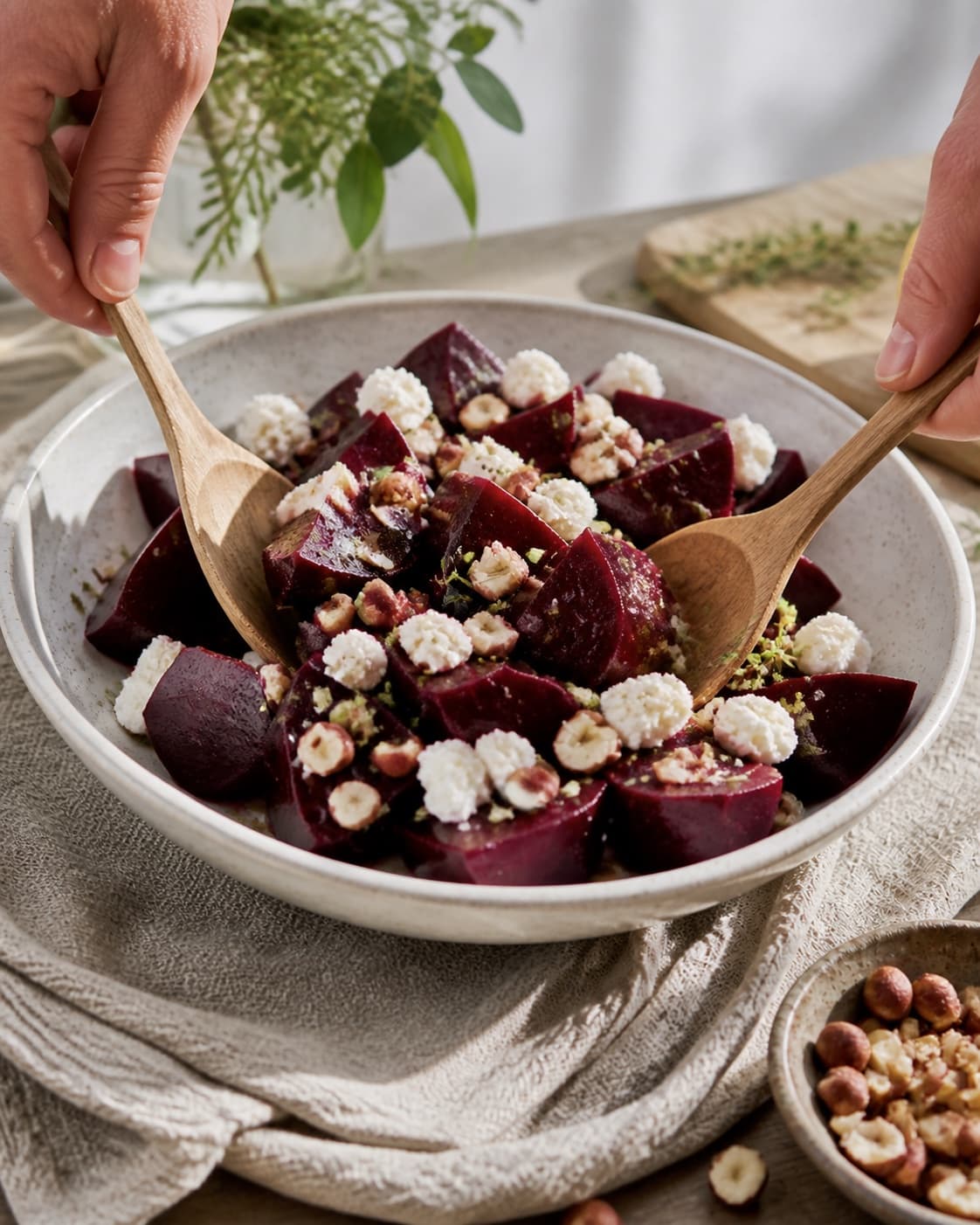 salat med rødbede, feta og hasselnødder being gently combined without crushing the ingredients under tilberedningen af salat med rødbede, feta og hasselnødder