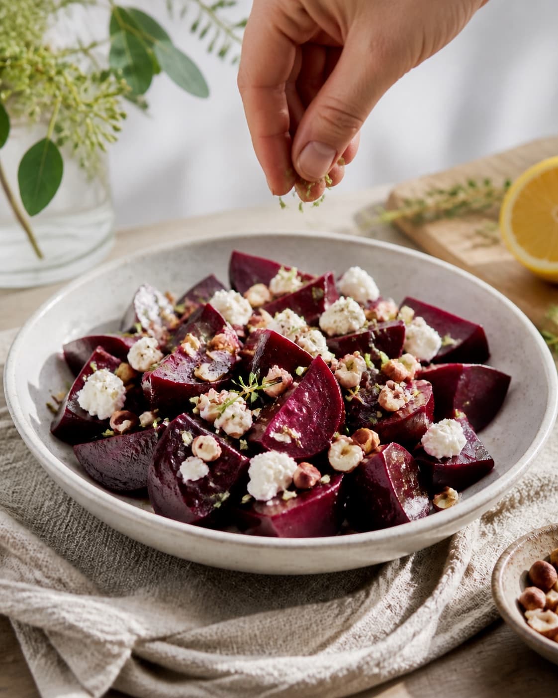 Fresh finished salat med rødbede, feta og hasselnødder receiving its final garnish under tilberedningen af salat med rødbede, feta og hasselnødder