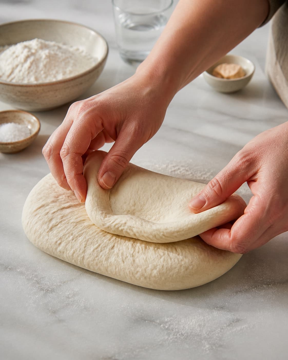 Hands gently folding elastic dough for pandebrød med gær under tilberedningen af pandebrød med gær