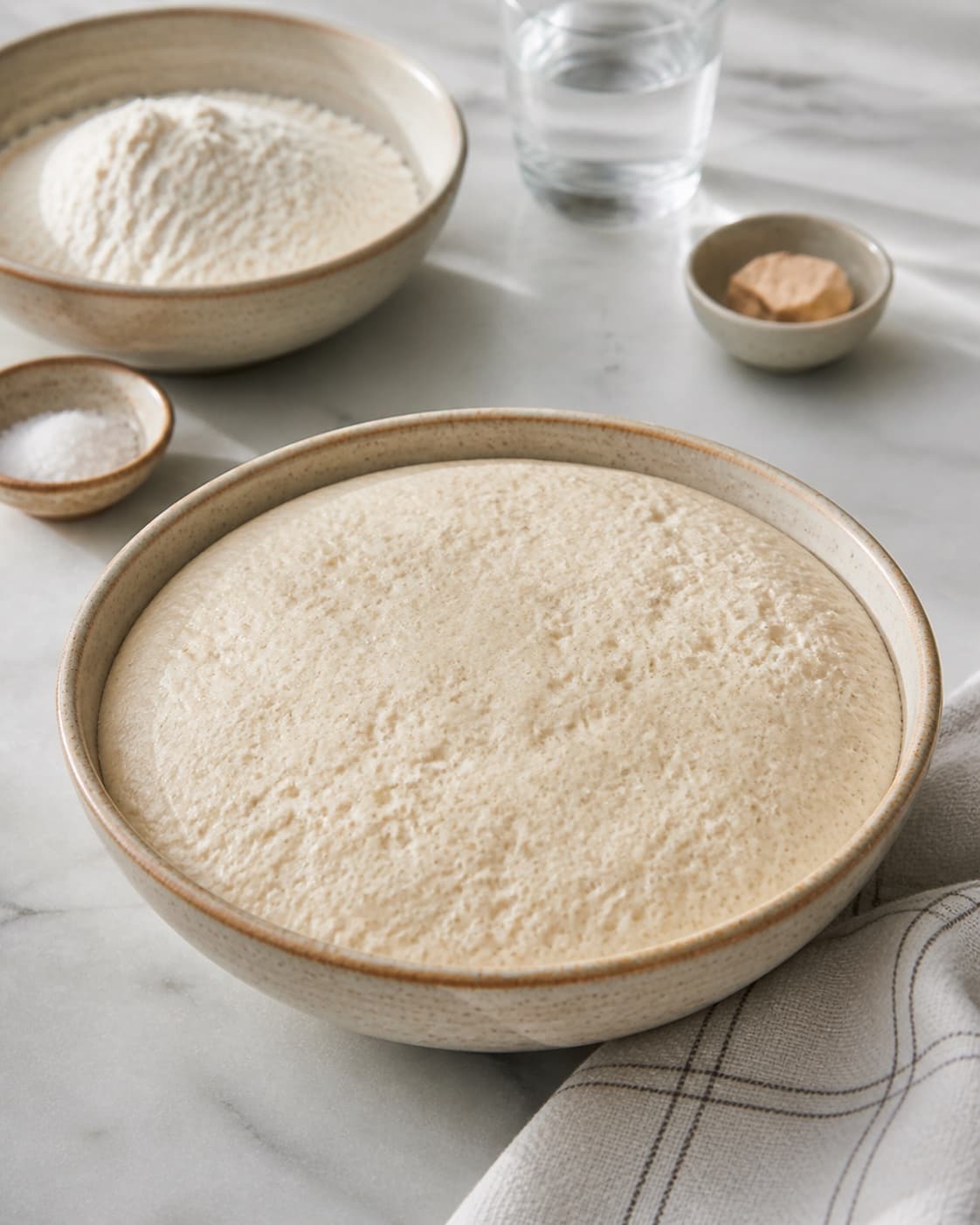Proofed airy dough for pandebrød med gær with visible fermentation bubbles under tilberedningen af pandebrød med gær