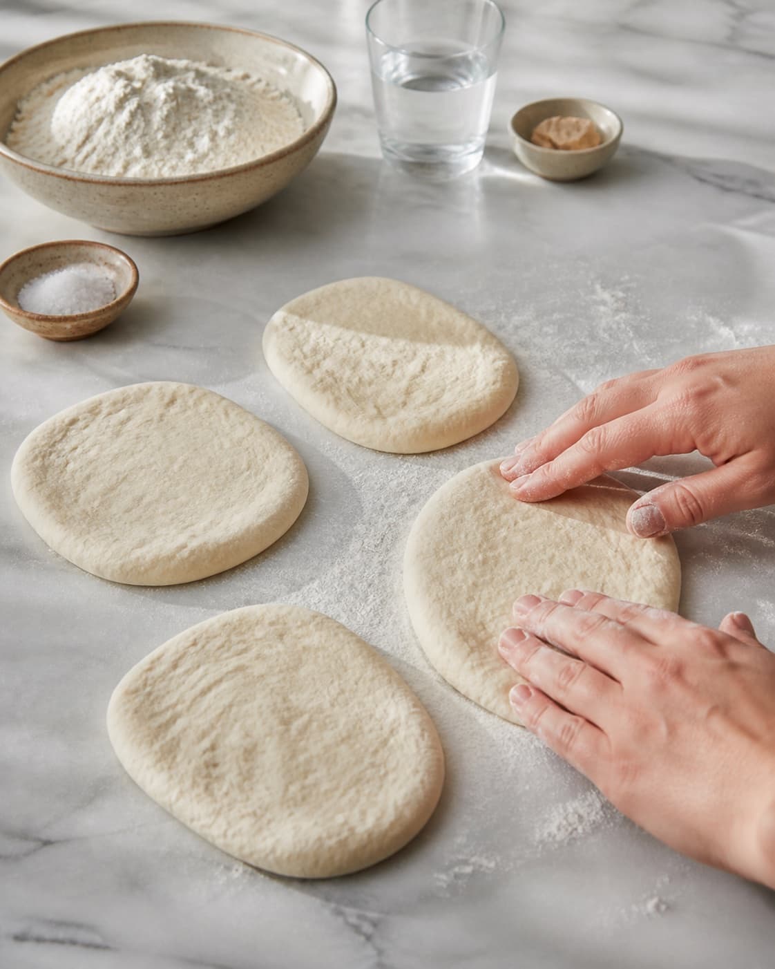 Even pieces of pandebrød med gær being shaped before baking under tilberedningen af pandebrød med gær