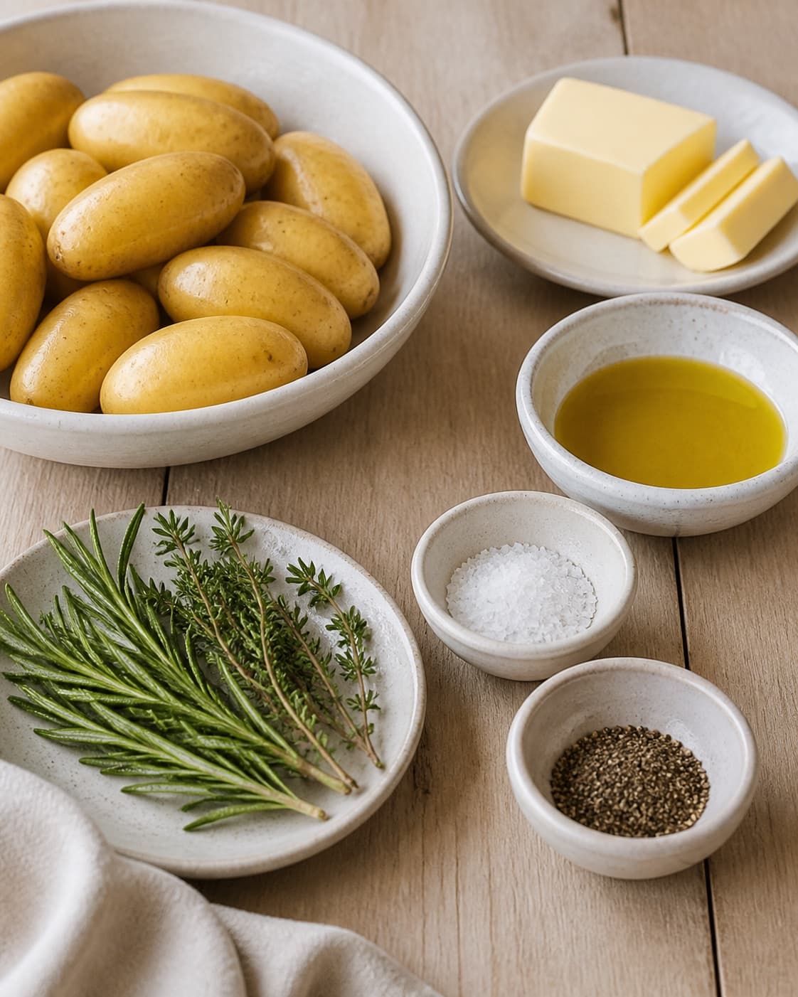 Prepared dry ingredients for ovnkartofler med krydderurter with kartofler, smør, rapsolie, friske krydderurter under tilberedningen af ovnkartofler med krydderurter