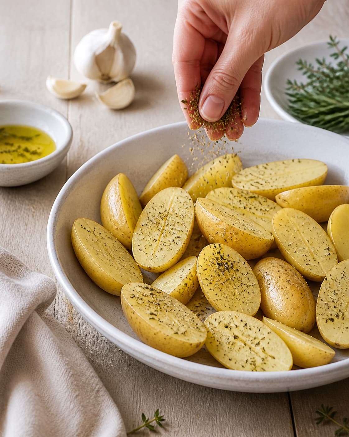 ovnkartofler med krydderurter being evenly seasoned before roasting under tilberedningen af ovnkartofler med krydderurter