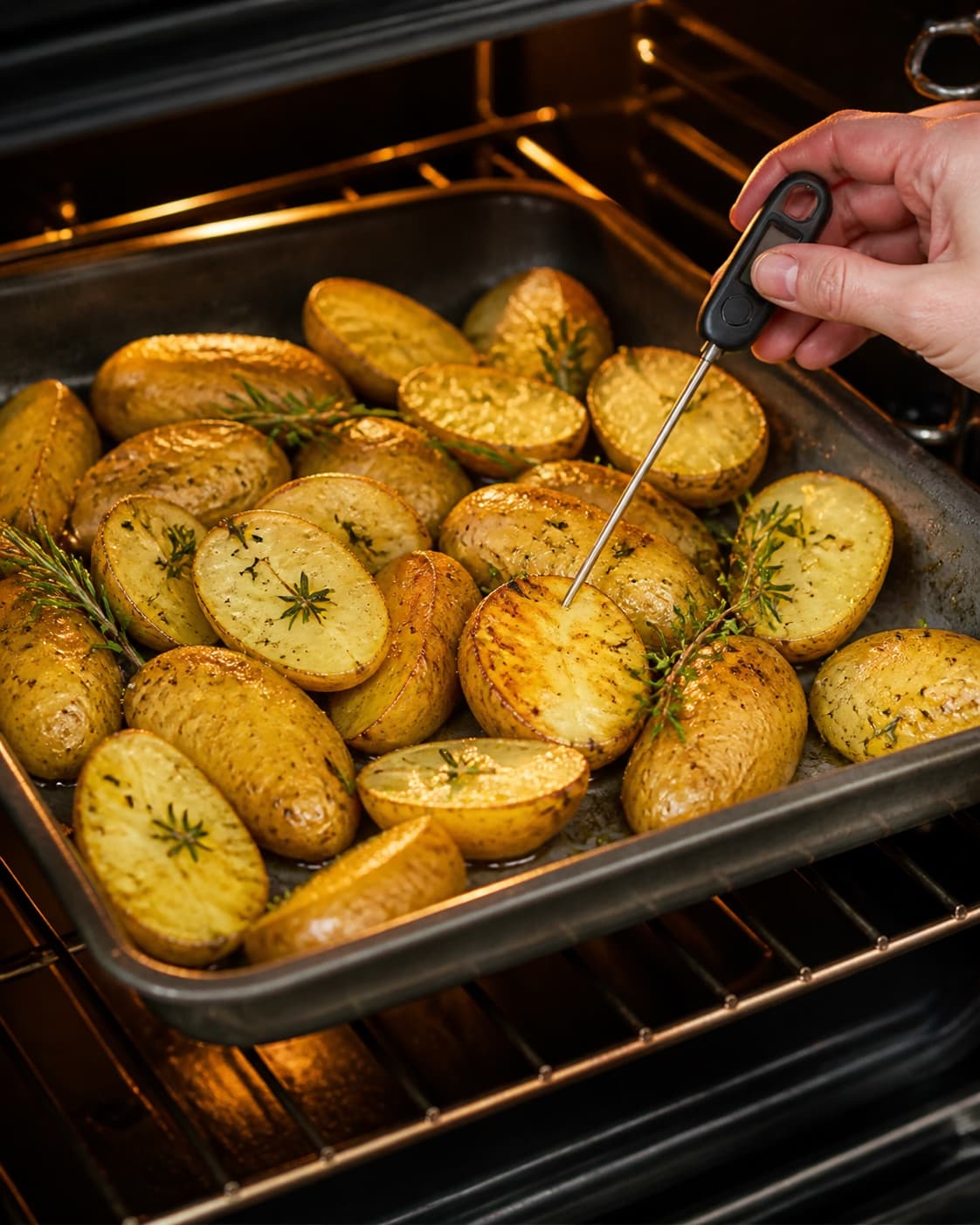 ovnkartofler med krydderurter roasting evenly while its centre temperature is checked under tilberedningen af ovnkartofler med krydderurter