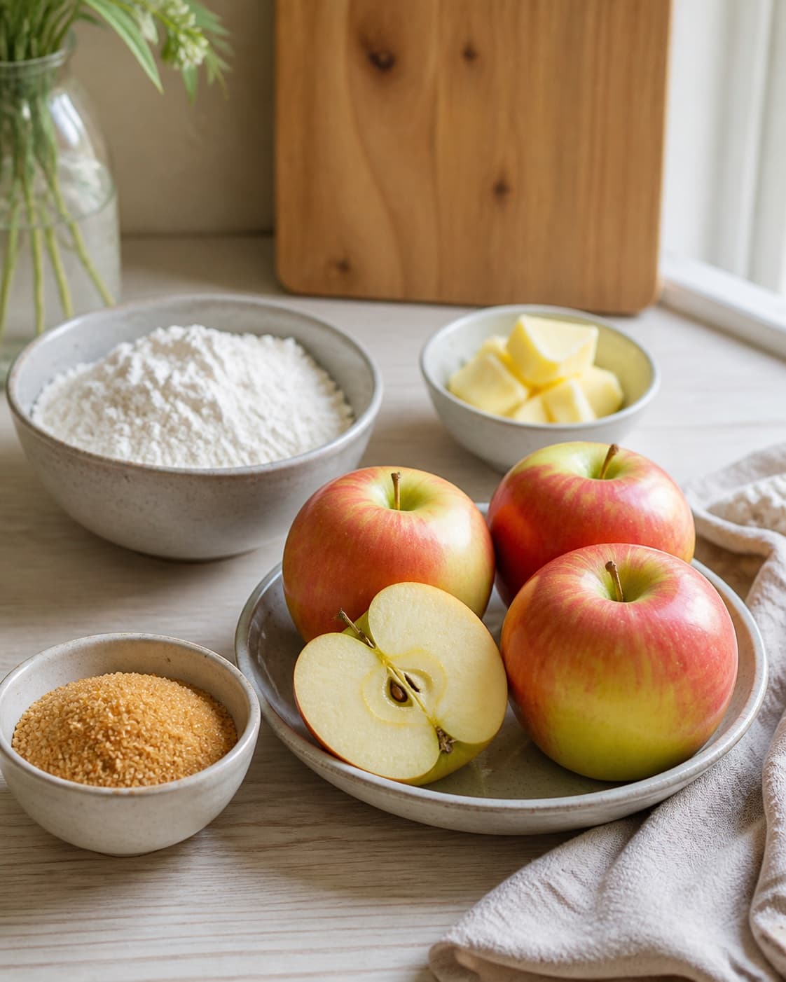 Measured ingredients for tarte tatin inspireret kage med karamelliserede æbler arranged separately with syrlige æbler, hvedemel, smør, rørsukker under tilberedningen af tarte tatin inspireret kage med karamelliserede æbler