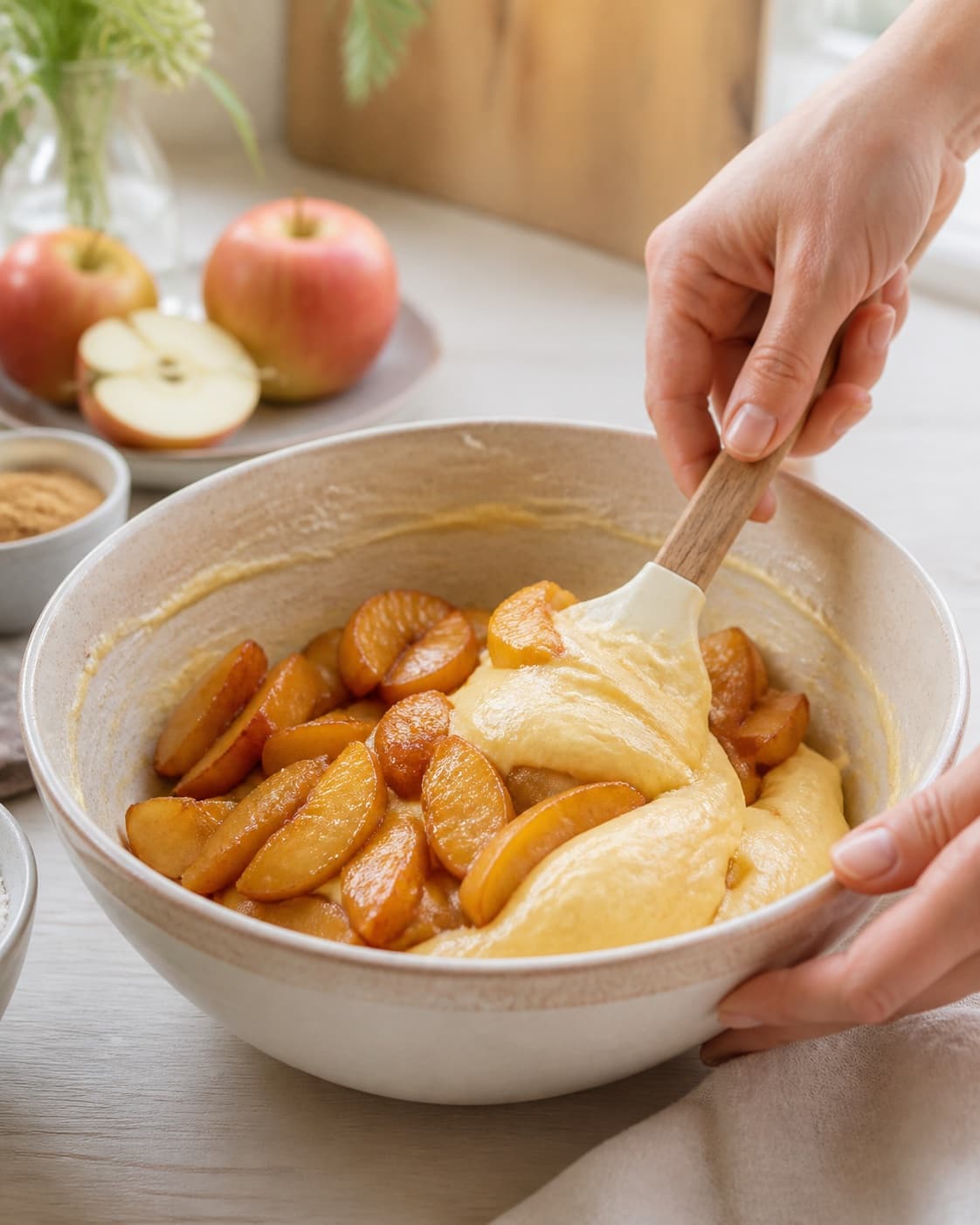 The batter or dough for tarte tatin inspireret kage med karamelliserede æbler being gently combined under tilberedningen af tarte tatin inspireret kage med karamelliserede æbler