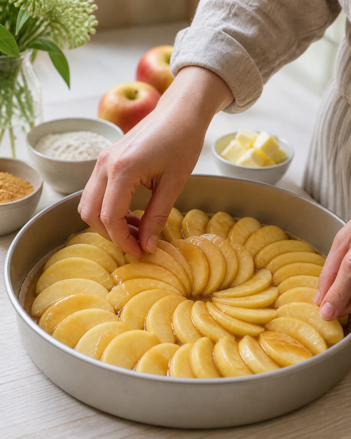 tarte tatin inspireret kage med karamelliserede æbler being portioned evenly before baking under tilberedningen af tarte tatin inspireret kage med karamelliserede æbler