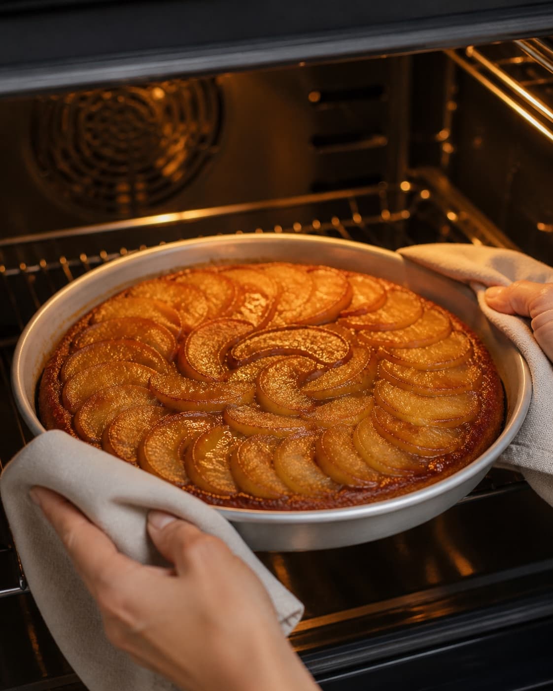 tarte tatin inspireret kage med karamelliserede æbler baking until golden with a visibly set centre under tilberedningen af tarte tatin inspireret kage med karamelliserede æbler