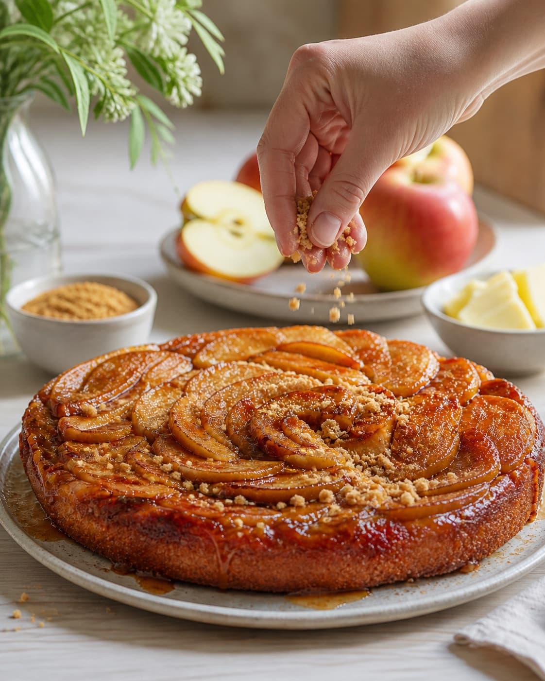 Finished tarte tatin inspireret kage med karamelliserede æbler receiving its final garnish after cooling under tilberedningen af tarte tatin inspireret kage med karamelliserede æbler