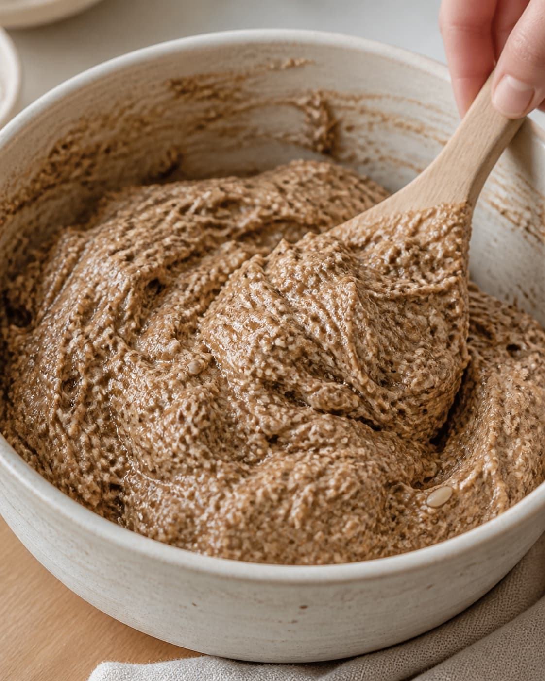 Close view of the moist dough for rugbrød med surdej being mixed in a bowl with rugmel, aktiv surdej, hvedemel, lunkent vand under tilberedningen af rugbrød med surdej