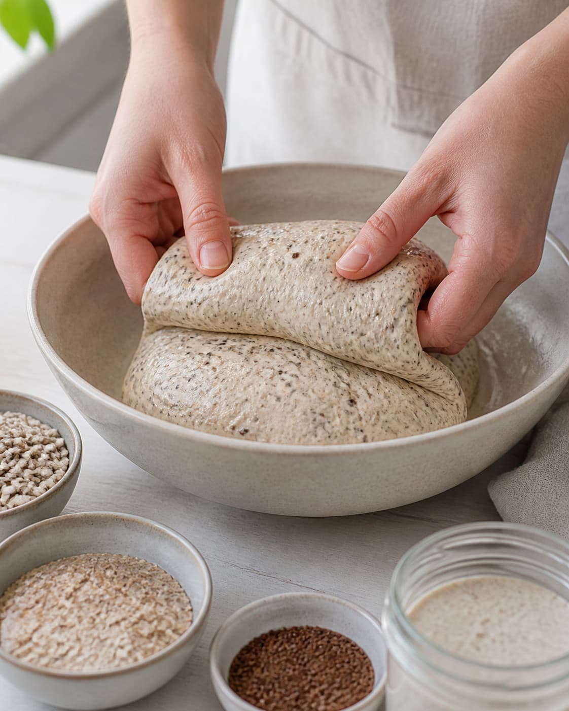 Hands gently folding elastic dough for rugbrød med surdej under tilberedningen af rugbrød med surdej