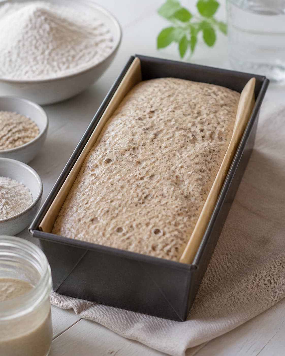 Proofed airy dough for rugbrød med surdej with visible fermentation bubbles under tilberedningen af rugbrød med surdej