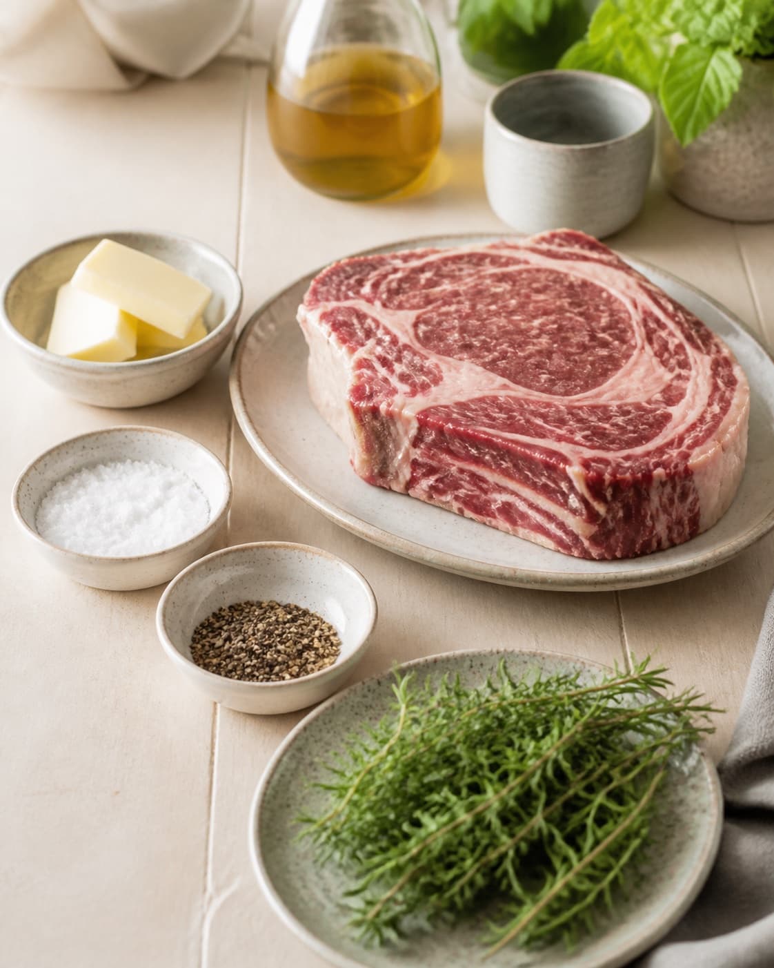 Prepared dry ingredients for cote du boeuf with côte de boeuf, smør, rapsolie, friske krydderurter under tilberedningen af cote du boeuf