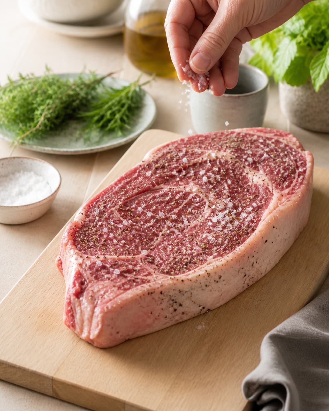 cote du boeuf being evenly seasoned before roasting under tilberedningen af cote du boeuf