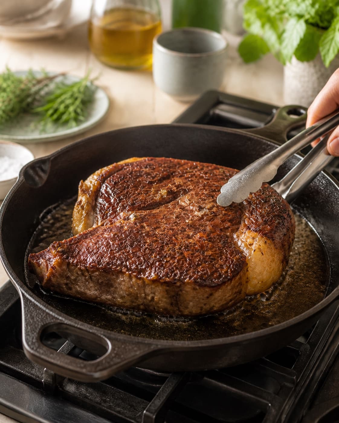 cote du boeuf developing an even golden crust under tilberedningen af cote du boeuf