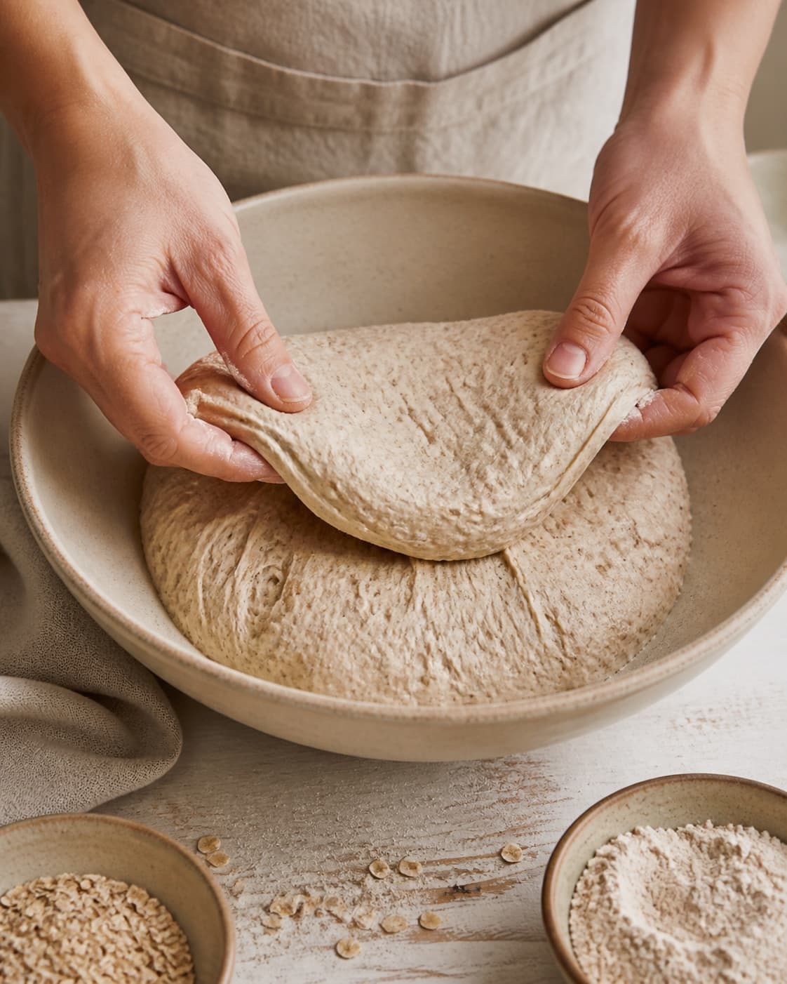 Hands gently folding elastic dough for koldhævede surdejsboller med rugmel og havre under tilberedningen af koldhævede surdejsboller med rugmel og havre