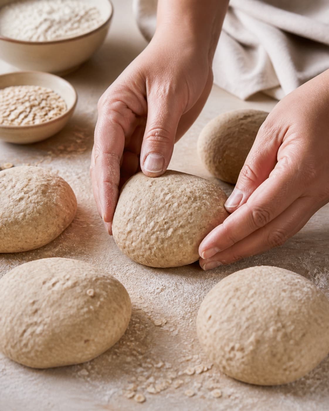 Even pieces of koldhævede surdejsboller med rugmel og havre being shaped before baking under tilberedningen af koldhævede surdejsboller med rugmel og havre