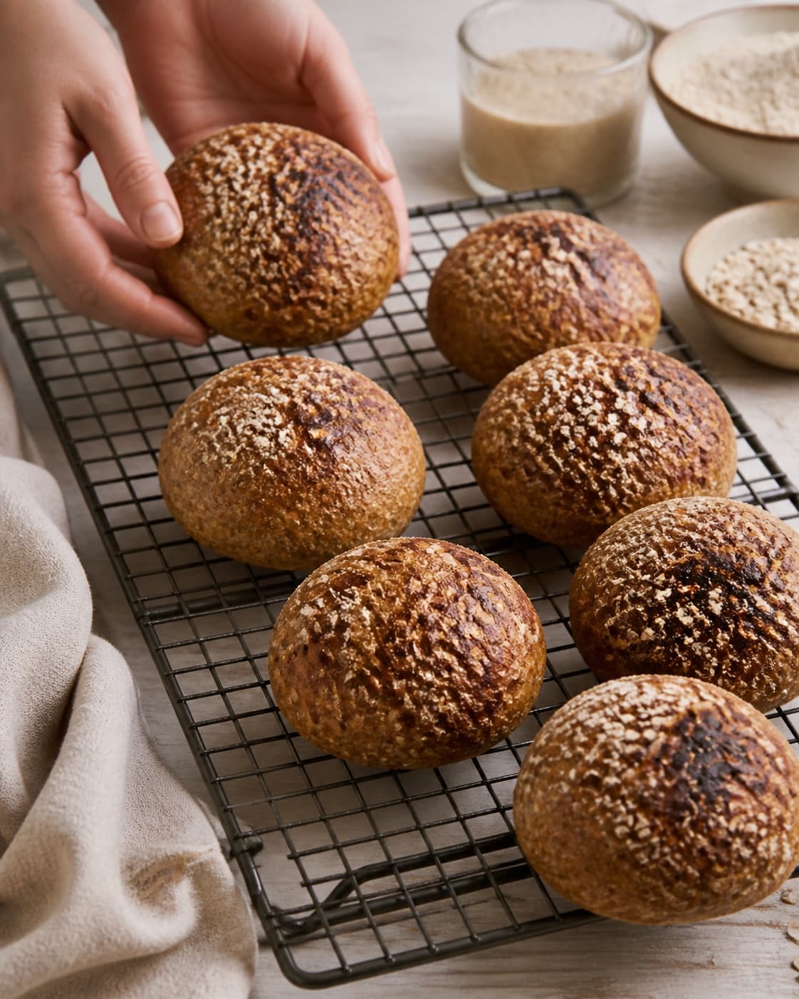 Golden baked koldhævede surdejsboller med rugmel og havre cooling on a wire rack under tilberedningen af koldhævede surdejsboller med rugmel og havre