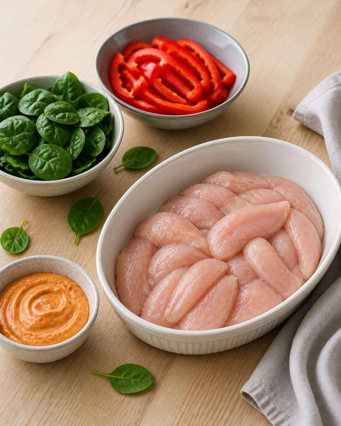 Mise en place for pikant kylling i fad med grønt with pikant flødeost, rød peberfrugt, frisk spinat, kyllingekød under tilberedningen af pikant kylling i fad med grønt