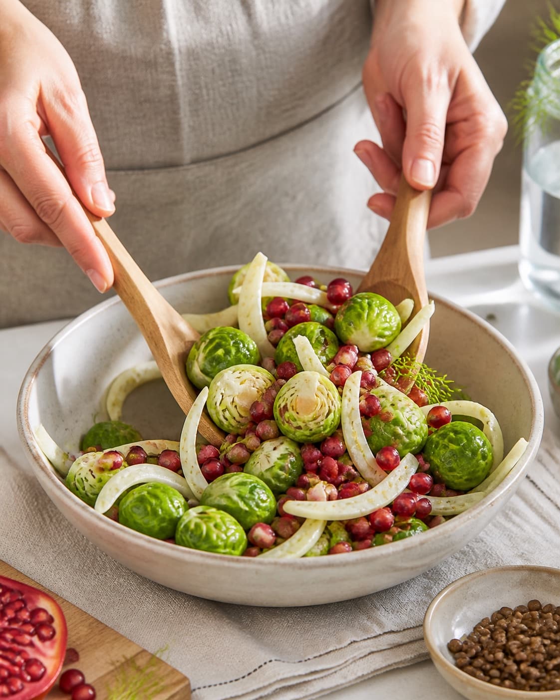 rosenkålssalat med granatæble og fennikel being gently combined without crushing the ingredients under tilberedningen af rosenkålssalat med granatæble og fennikel