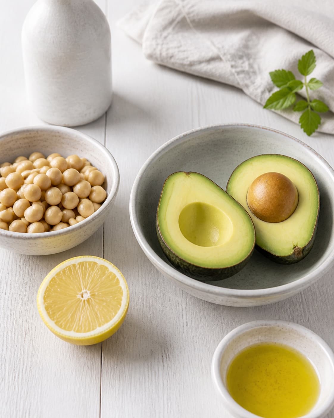 Clean prepared ingredients for avocadohummus with kogte kikærter, modne avocadoer, økologisk citron, ekstra jomfruolivenolie under tilberedningen af avocadohummus