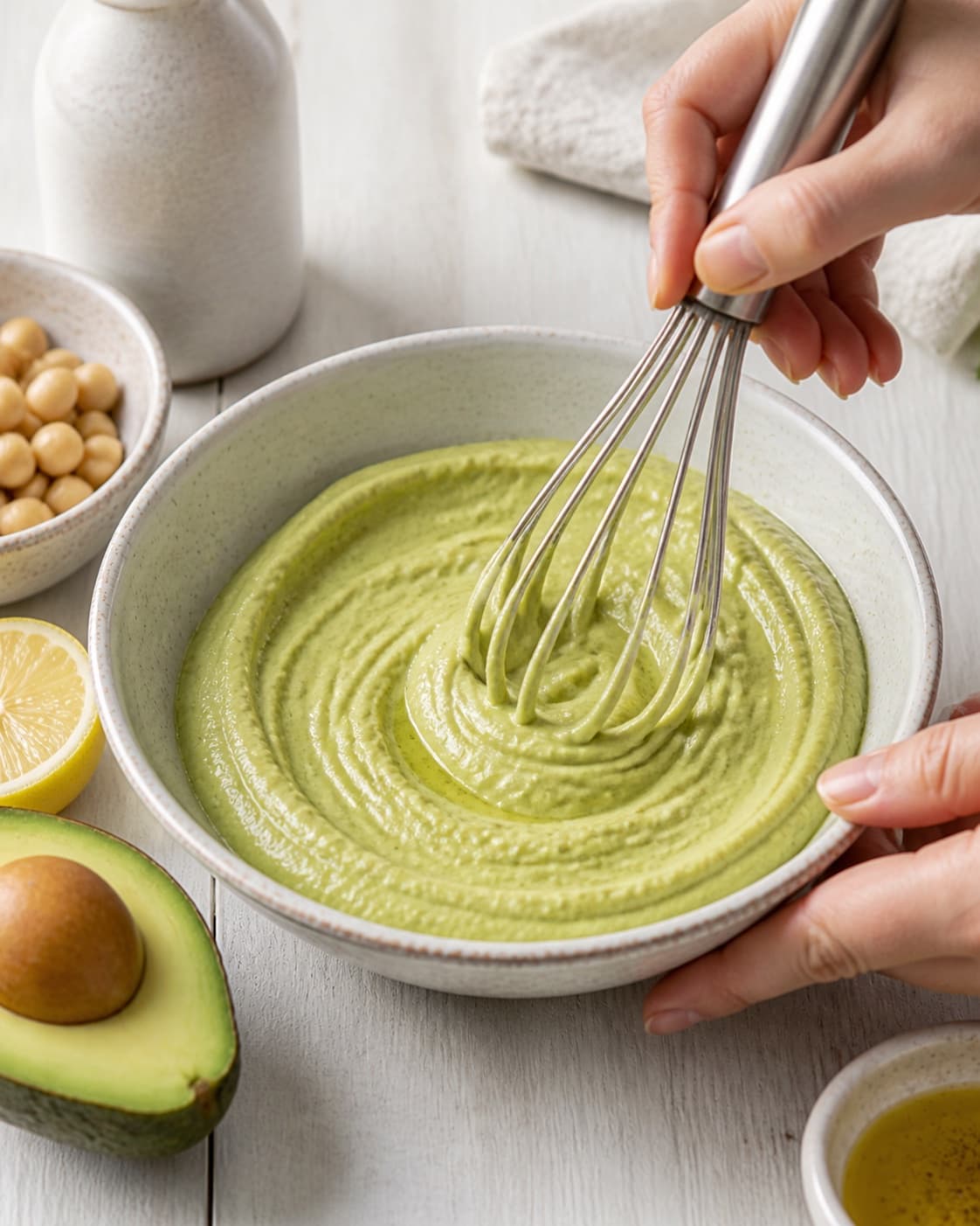Dressing for avocadohummus being whisked until glossy under tilberedningen af avocadohummus