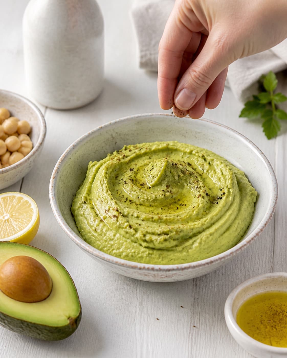 Fresh finished avocadohummus receiving its final garnish under tilberedningen af avocadohummus