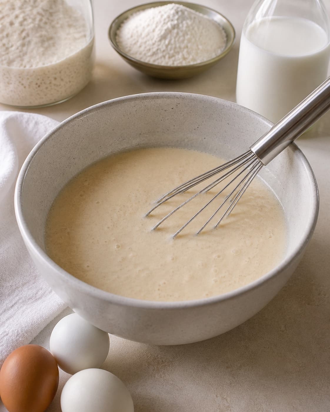 Prepared mixture for surdejspandekager with æg, aktiv surdej, hvedemel, mælk under tilberedningen af surdejspandekager