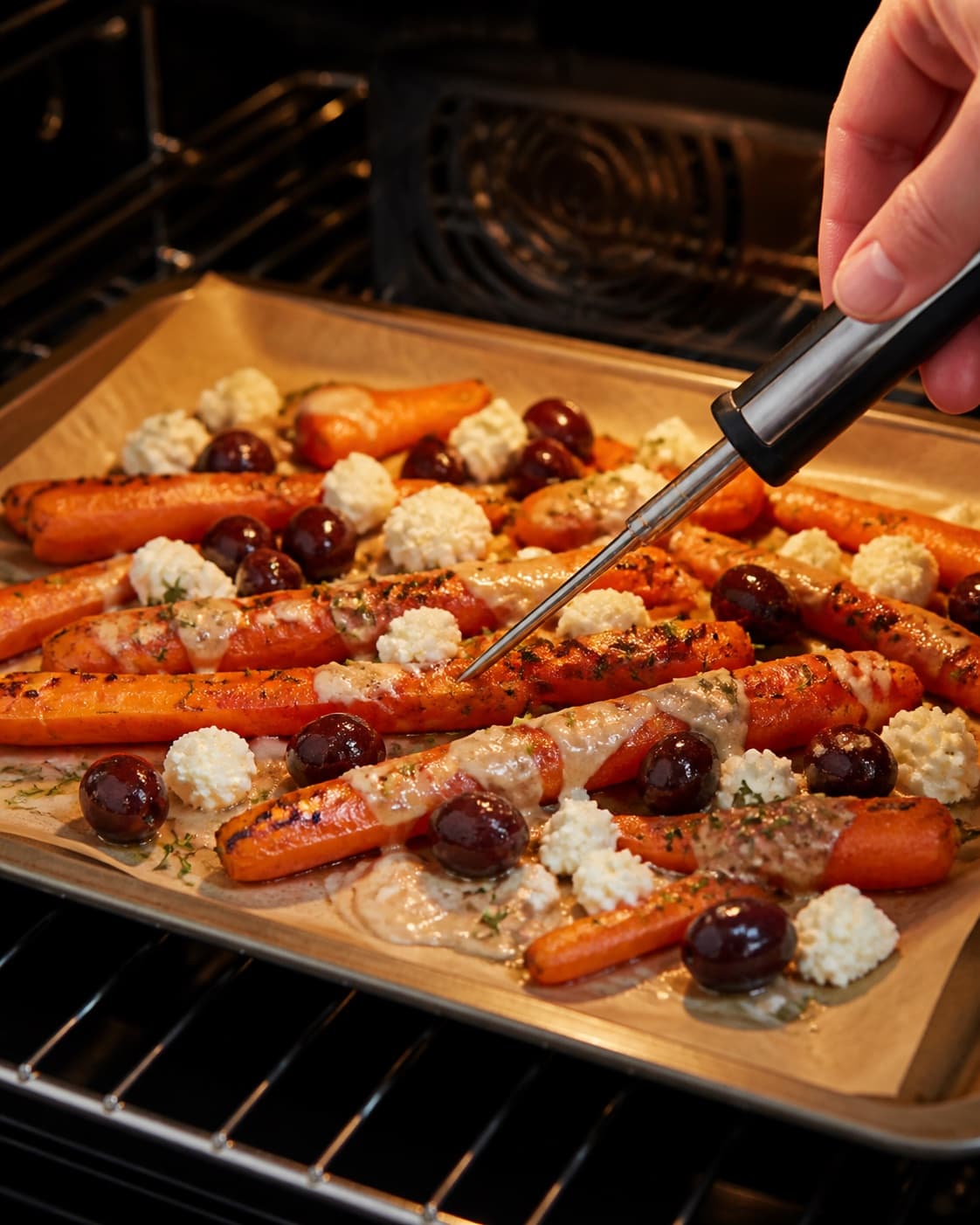 grillede gulerødder med feta, oliven og tahin roasting evenly while its centre temperature is checked under tilberedningen af grillede gulerødder med feta, oliven og tahin