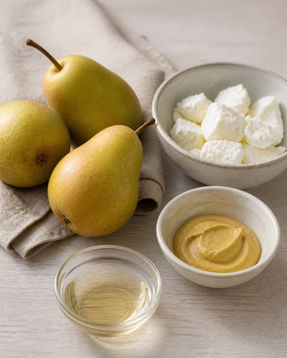 Prepared dry ingredients for grillede pærer med gedeost og sennepsvinaigrette with modne pærer, gedeost, hvidvinseddike, dijonsennep under tilberedningen af grillede pærer med gedeost og sennepsvinaigrette